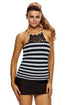 Black White Stripe Print Macrame High Neck Swim Top